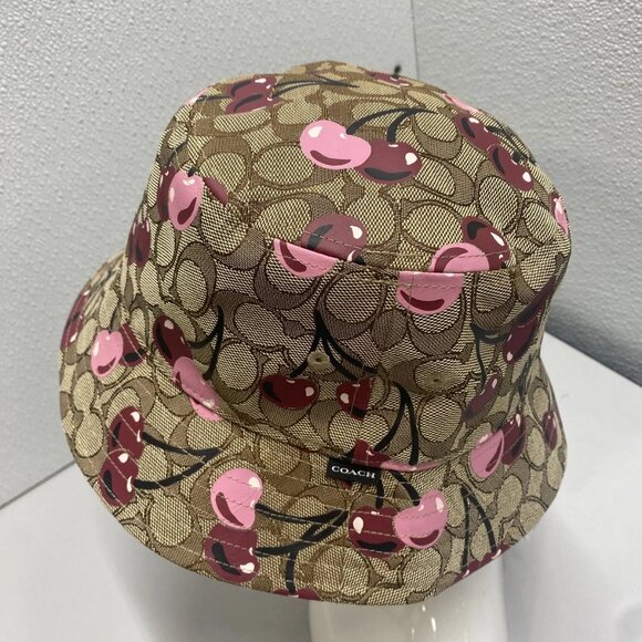 NEW COACH Women’s Signature Cherry Swirl Print Bucket Hat Tan/Merlot Size XS/S - Picture 7 of 10